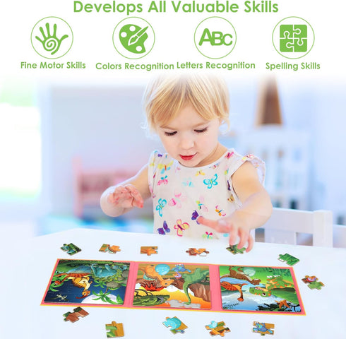 Magnetic Puzzles for Kids Ages 4-6, 20-Piece Travel Dinosaur Toddler Puzzles, Educational Learning Magnets for Road