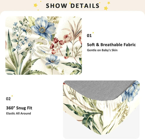 CZXW 52" 28" Botanical Wildflowers Crib Sheets Fitted x Natural Cotton Soft & Breathable for Baby Crib Mattress