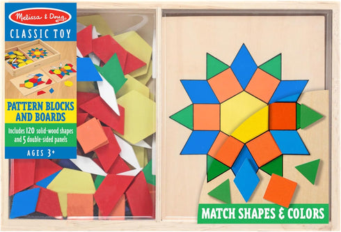 Melissa & Doug Wooden Classic Toy Pattern Blocks and Boards - 120 Solid Wood Shapes, 5 Double-Sided Panels,
