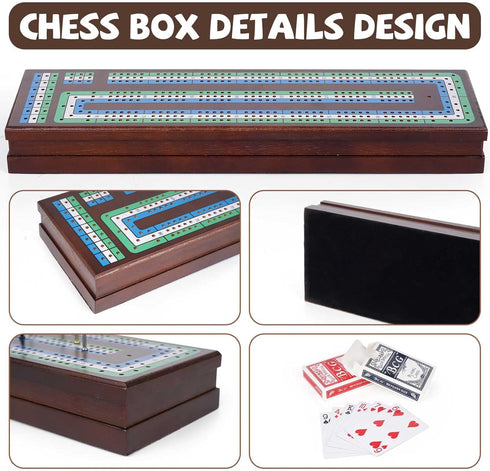 Set, Sets Wooden Cribbage Board Game Premium Wooden Board with Magnetic Lock and Metal Pegs, Strategy Card Game