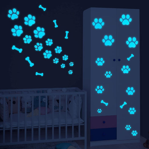 Glow in The Dark Dog Paw Print Stickers, Wall Decals for Pup Dog Room Decor, Removable Animal Footprint Decal (Blue)