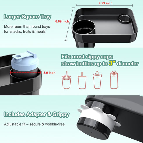 3 Inch Car Seat Snack Tray for Toddlers - Cup Holder Fits Most Sippy Cups & Straw Bottles with Dip Well, Mess-Free