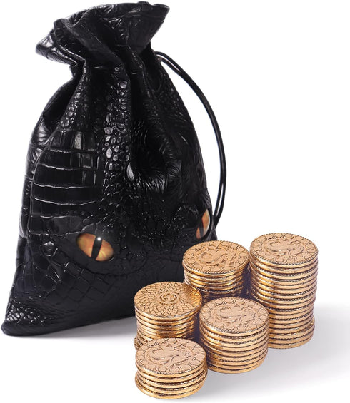 50 PCS Metal DnD Coins with PU Leather Bag, Fantasy Game Tokens for Tabletop RPGs, Black Dragon Bag