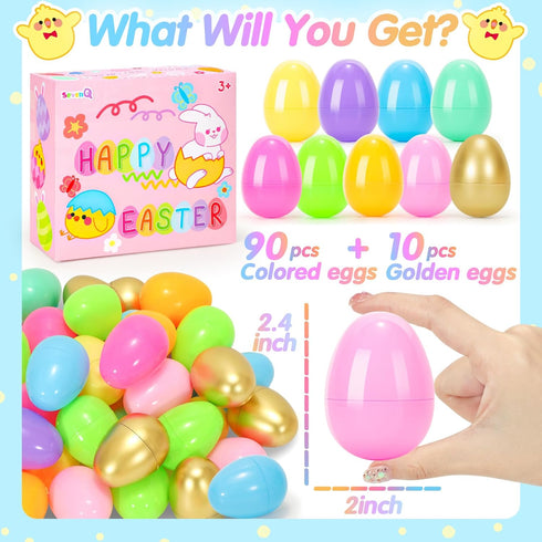 100Pcs 2.4" SevenQ Plastic Easter Eggs Fillable, Empty Colorful and Golden Eggs for Easter Basket Stuffers Gifts
