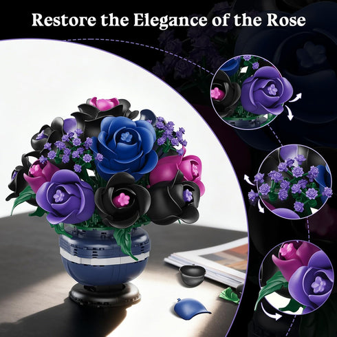 Set 507PCS Set HiWEEGO Flowers Botanicals Building - Artificial Purple Black Rose Bonsai Plant for Home Decor