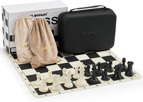 Tournament Portable Chess Set with 20" Silicone Board Mat, 4" King Plastic Weighted Pieces, 2 Extra Queens & Carrying