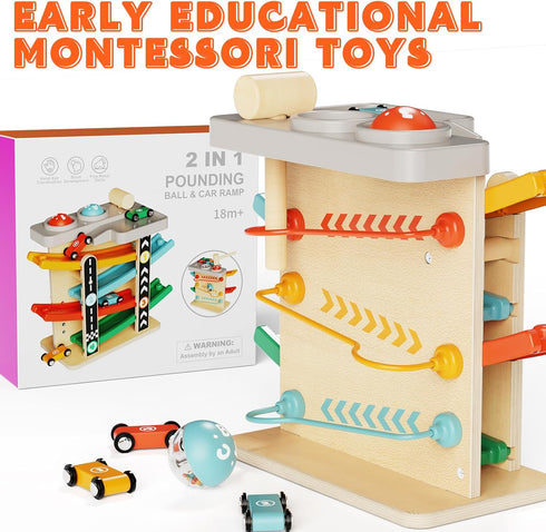 1-3: 2-in-1 Hammer 4 1 2 3 Wooden Car Ramp Toy for Toddlers Pound a Ball Toy with & Cars - Montessori Educational Race