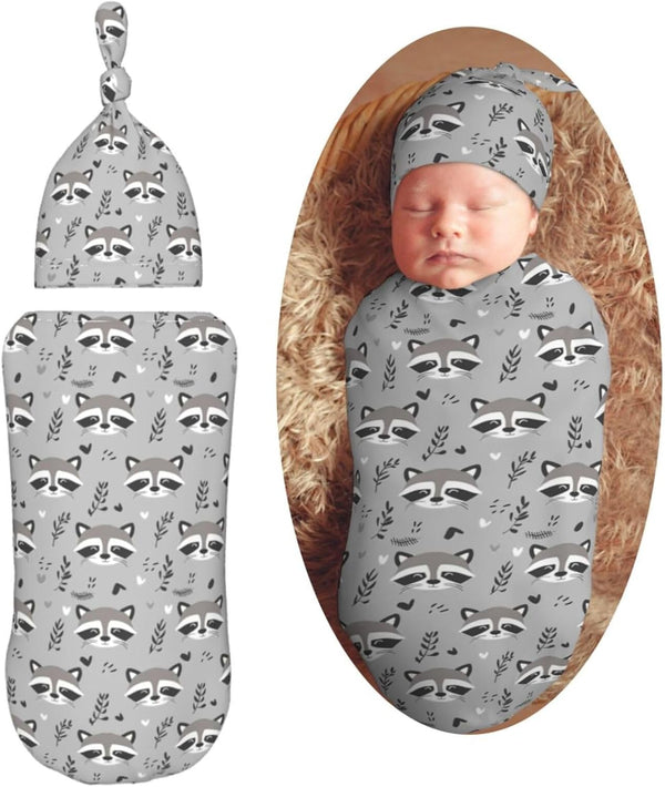 Cute Raccoon Doodle Gray Newborn Swaddle Blankets Hat Sets Soft Baby Receiving