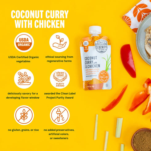 Serenity Kids 6+ Months World Explorers Baby Food Pouches, Chicken Coconut Curry, 3.5 Ounce BPA-Free Pouch
