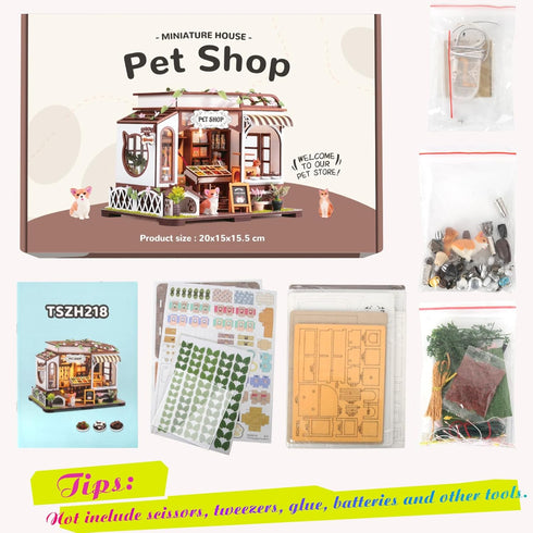DIY Miniature House Kit, Tiny Pet Shop with Furniture & LED, 3D Dollhouse Building Kit for Adults and Teens