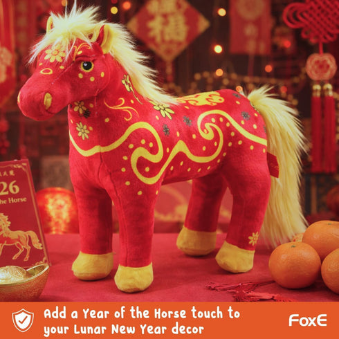 Set 2026 Set 100% 0-24 FoxE Year of the Horse Gift Born in - Bib, Beanie & Plush Toy Gift - with Chinese New Year Red