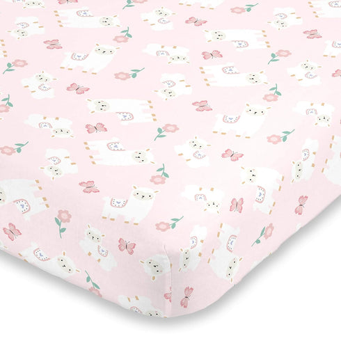 Little Love by NoJo Super Soft Fitted Crib Sheet - Sweet Llama & Butterflies Floral in Pink, Ivory, Lavender, Light