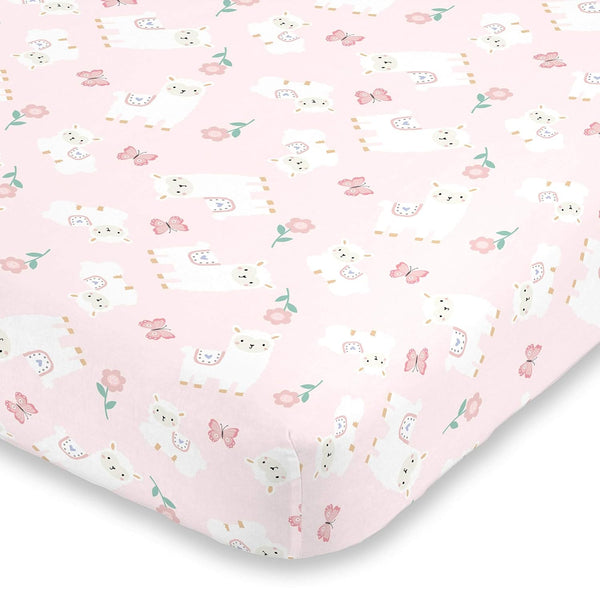 Little Love by NoJo Super Soft Fitted Crib Sheet - Sweet Llama & Butterflies Floral in Pink, Ivory, Lavender, Light