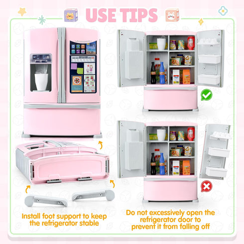 Set 3+, Refrigerator Toy Fridge with Ice Dispenser, Kids Pretend Play Kitchen Accessories with Toy Food Drink Bottles