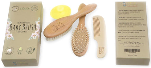Baby Hair Brush and Comb Set, 4 Piece Wooden Soft Bristle Set for Newborn Girl, Boy, Toddler