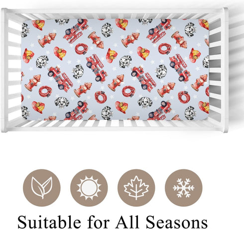 Wicbfdfv 28x52 Inch Cute Firetruck Dog Fireman Hat Baby Crib Sheets for Boy Girl Trucks Rescue Car Puppy Dogs Stars