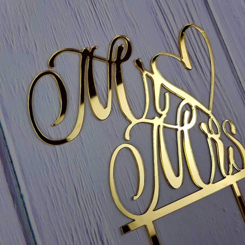 Mr and Mrs Cake Topper, Bride and Groom Sign Wedding Engagement Cake Decorations (Mirror Gold Acrylic)