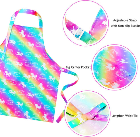 PASHOP 2 Pack Kids Apron Rainbow Unicorn Aprons With Pockets for Girls Boys Toddler Apron for Painting Cooking Baking