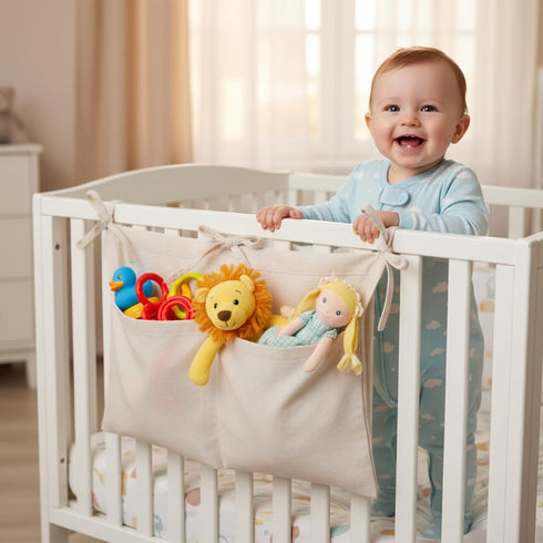 Wanmu 2 Linen Baby Bedside Hanging Storage Bag, Oatmeal Pockets Milk Bottle Bib-Storage Crib Organizer Nursery Baby