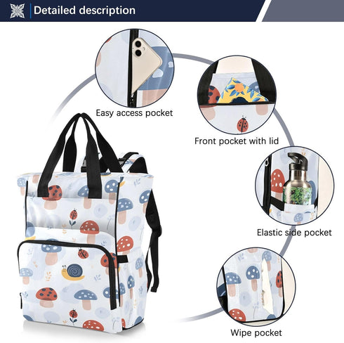 SUABO Backpack Mushroom Snail Ladybug Pattern Baby Diaper Bag Large Bag Waterproof Travel Diaper Bags for Moms and Dads
