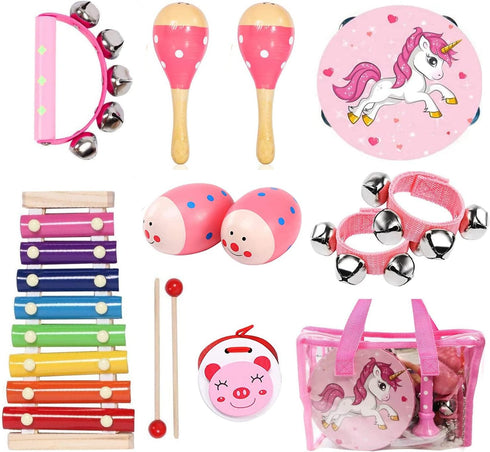 Kids Musical Instruments Set, 12 Pcs Wooden Percussion Toys Tambourine Xylophone for Preschool Education Gift