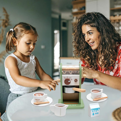 Playset Girl,17pcs Kids Wooden Coffee Maker Toy,Coffee Machine with Grinder,Play Coffee Making Routine,Stimulates