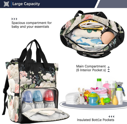SUABO Backpack Baby Diaper Bag Love Rose Large Bag Waterproof Travel Diaper Bags for Moms and Dads