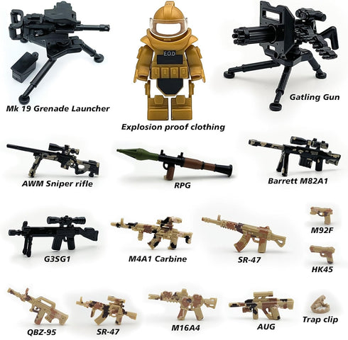 Military Weapon Pack Army Accessories Kits - 200+ pcs Toys Include Camouflage Guns, Shields, E.O.D Suits for Building
