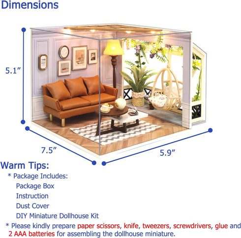 1:24 TuKIIE DIY Miniature Dollhouse Kit with Furniture, Scale Creative Room Mini Wooden Doll House Accessories Plus