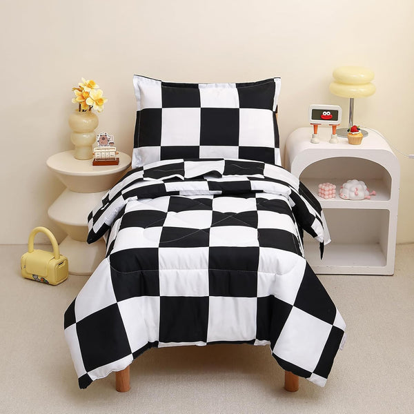 Caressma Checkered Toddler Bedding Set, Classic Black and White Plaid Bed Set,