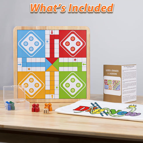 12 Inch 2-in-1 Set Wooden Ludo & Snakes Board Game, Reversible Travel with Storage Bag & Organizer Box (All-in-One