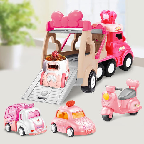 seveclotree 9 1 1-4 in Carrier Truck Cars Toys - Pink Princess Girl Car with Light and Sound - Toddler Toys Age