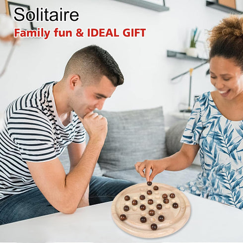 Solid Wooden Solitaire Game, Classic Handcrafted Rubber Wood Board Game Toy with 33 Smooth Wooden Balls, Strategic Mind