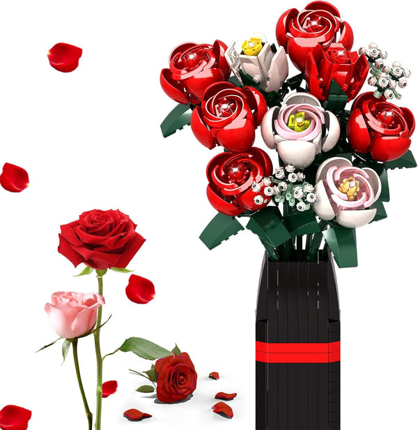Panigkids Roses Flower Bouquet Building Kit, Artificial Roses Flower Bouquet Building Set with