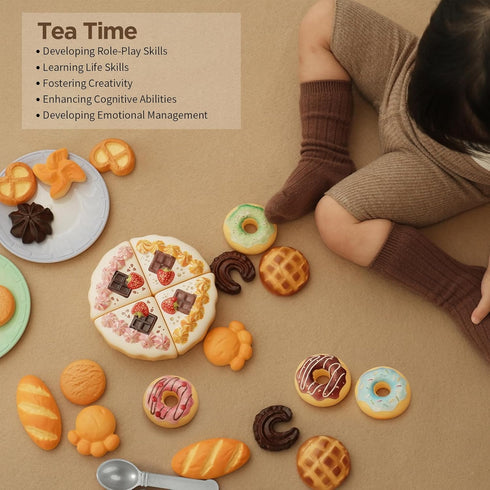 34PCS Set, 4 5 6 7 8 GILOBABY Tea Party Play Food Complete Bakery Pretend Play Toys with Cake, Donuts, Cookies & Plates