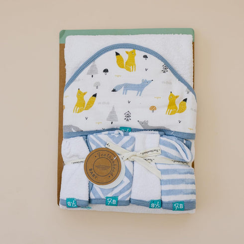 5-Piece 100% Set Featherhead Cotton Muslin Hooded Bath Towel & Washcloths for Baby Boy - Ultra Soft and Extra Absorbent