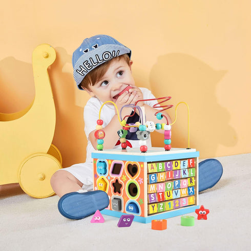 Qilay Wooden Activity Cube for Toddlers 1-3, 5 in 1 Multipurpose ABC-123 Abacus Montessori Learning Toys for 1-3 Year