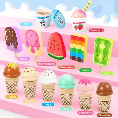 Counter Playset 3 4 5 6 7 8 Loscola Ice Cream Toy, Wooden Ice Cream Toys for Kids Toddlers, Pretend Play Kitchen Food