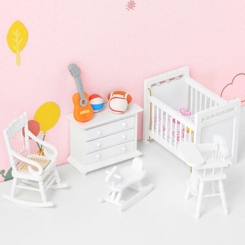 5 Pcs 1:12 Scale Wooden Dollhouse Furniture Set - White Miniature Wood Bedroom Accessories for Creative Play