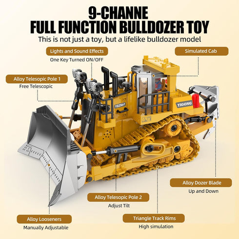 Bulldozer 9CH 2.4GHz Dozer 3-12 RC Toy with Metal Blade, Light and Sound, Remote Control Construction Truck, Tractor