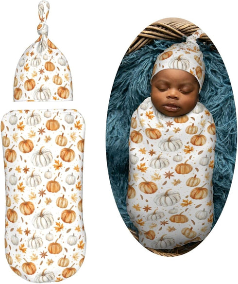 Sets Pumpkins and Anise Stars Newborn Swaddle Blankets Hat Soft Baby Receiving Blanket Swaddle Sack for Baby Shower
