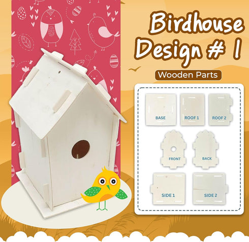 Podzly Kids Wooden Birdhouse Craft Kit, 12 DIY Bird House Kits for Kids Crafts Activity with 3 Designs to Enjoy