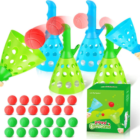Duckura Outdoor Indoor Game Activities for Kids, Pop-Pass-Catch Ball Game with 4 Baskets and 24 Balls, Summer Beach Toys