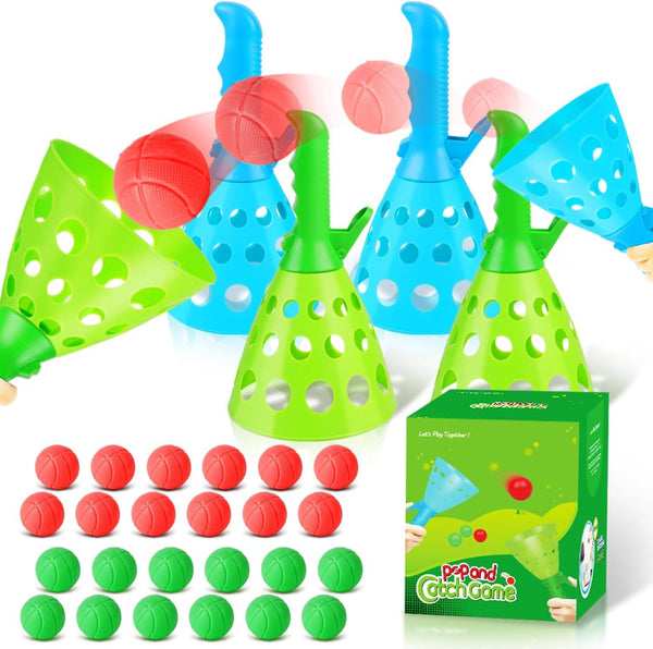 Duckura Outdoor Indoor Game Activities for Kids, Pop-Pass-Catch Ball Game with 4 Baskets and 24 Balls, Summer Beach Toys
