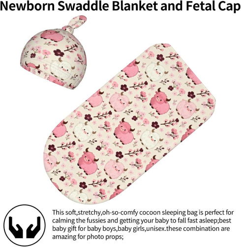 zhedongsj Highland Cow Baby Stuff Swaddle Blanket with Hat, Soft Western Floral Farmhouse Highland Cow Newborn