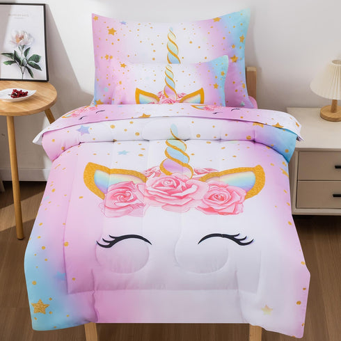Girls,5 3D Set 2 Pillowcases,1 Sheet,1 42" 57") JQinHome Toddler Comforter for Piece Bed in A Bag Unicorn Theme Bedding