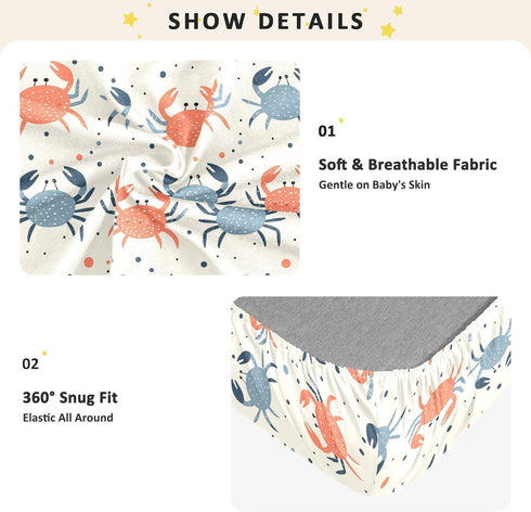 KICPOAY 39x27 Baby Boys Girls Crib Sheets Crabs Beach Fitted Crib Sheets for Standard Baby Mattress