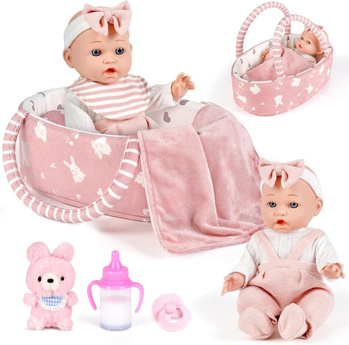 Dreamon 12'' Baby Doll Playset with Carrier Bassinet Bed, 11PCS Baby Doll
