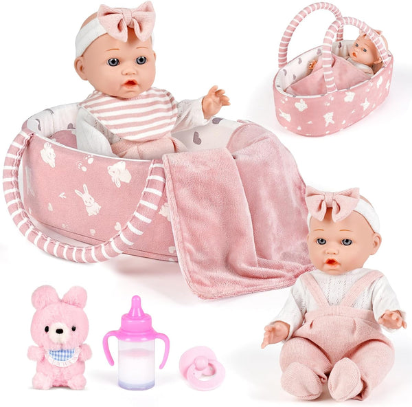 Dreamon 12'' Baby Doll Playset with Carrier Bassinet Bed, 11PCS Baby Doll