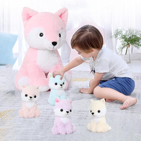 MorisMos Stuffed Fox Mommy & Babies Plush Toy Set, Large Soft Foxes for Women, Girls, Kids